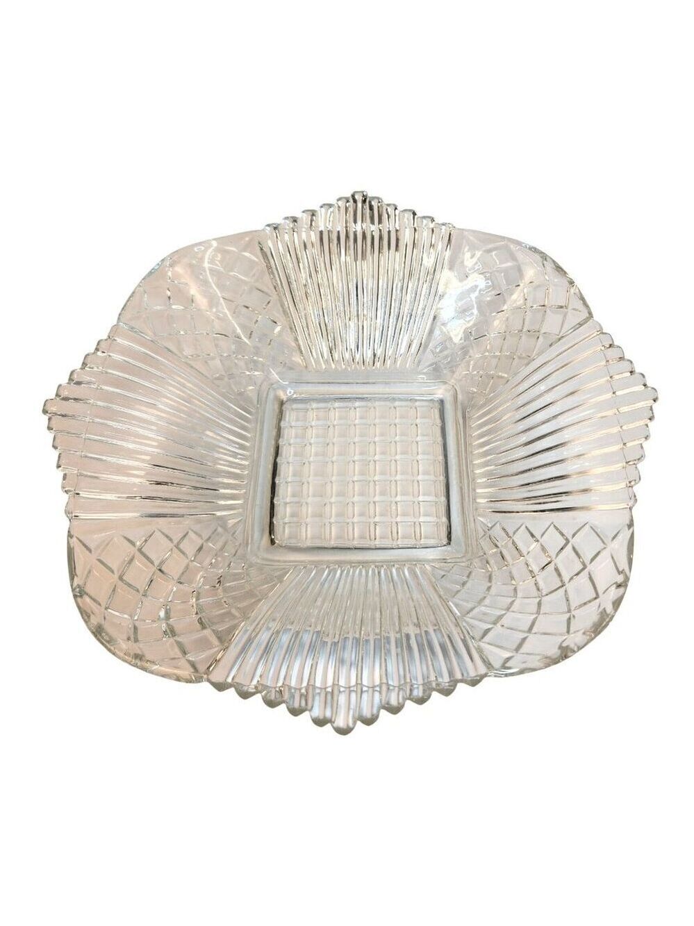 Vintage Clear Pressed Glass Square Serving Bowl With Ribbed & Diamond Pattern Sc